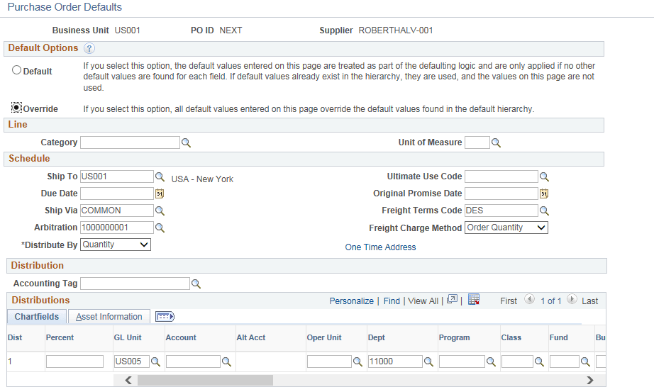 PO Defaults page PO Defaults page