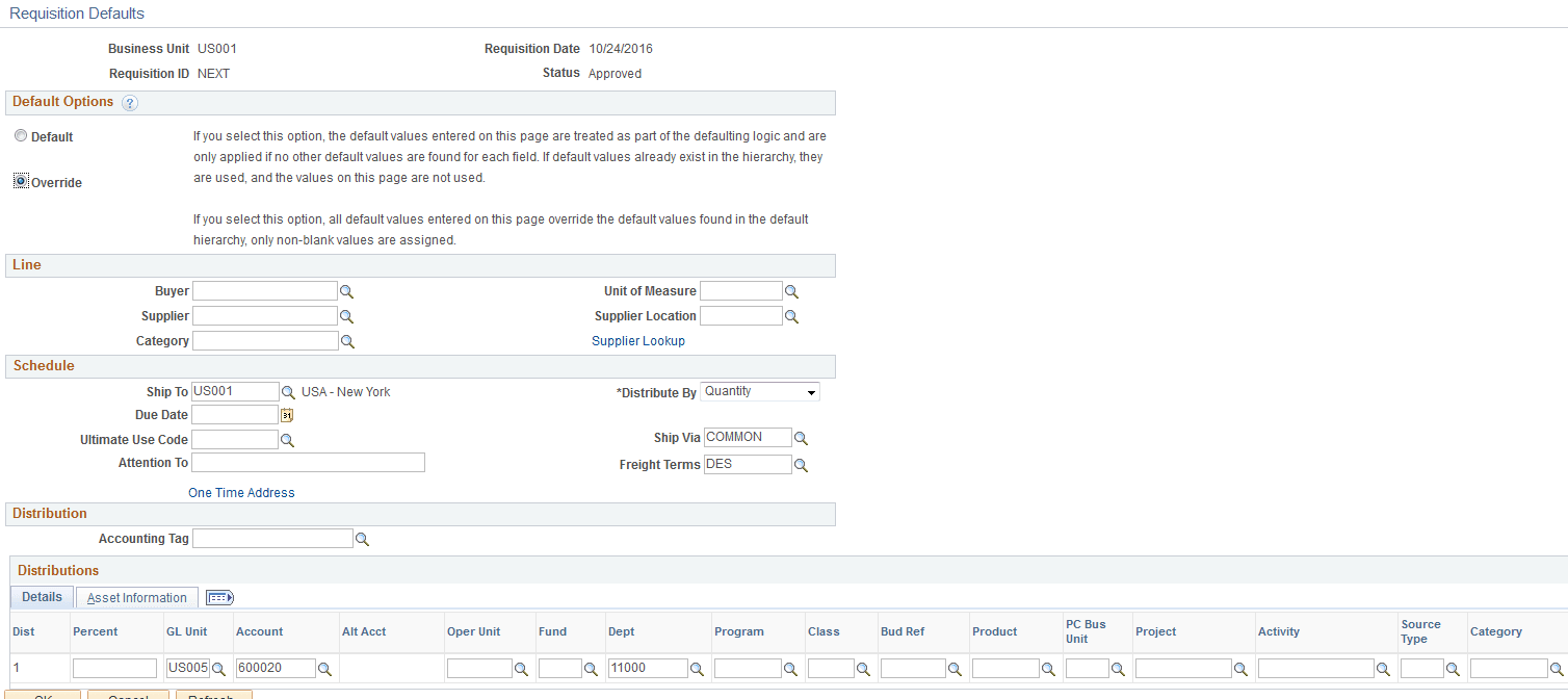 Requisition Defaults page Requisition Defaults page