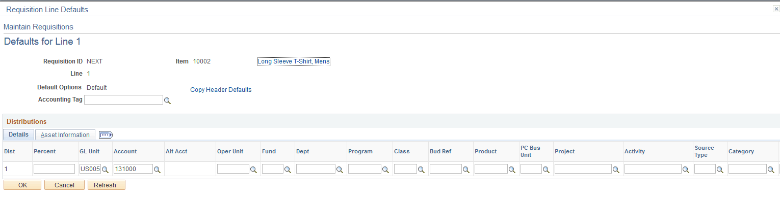 Requisition Line Default page Requisition Line Default page