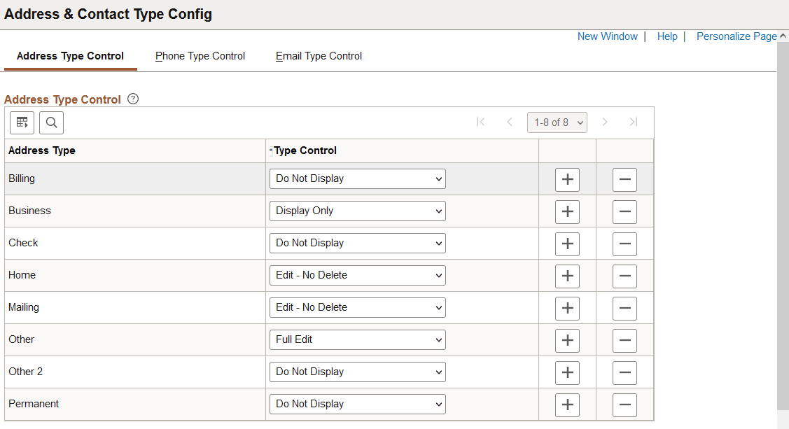 Address Type Control page