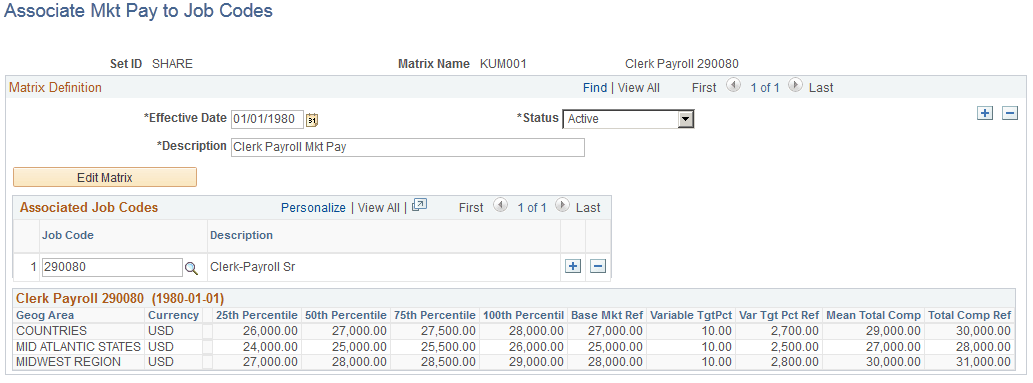Associate Mkt Pay to Job Codes page Associate Mkt Pay to Job Codes page
