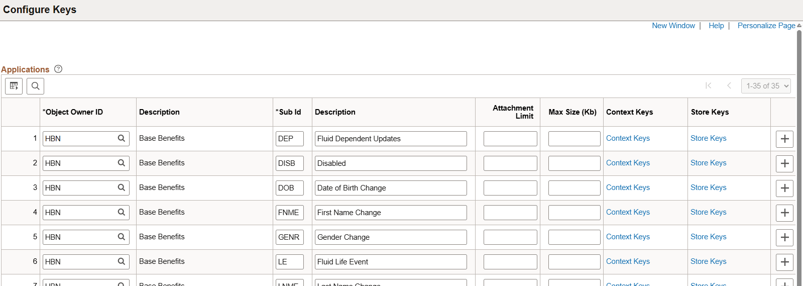 Configure Keys page