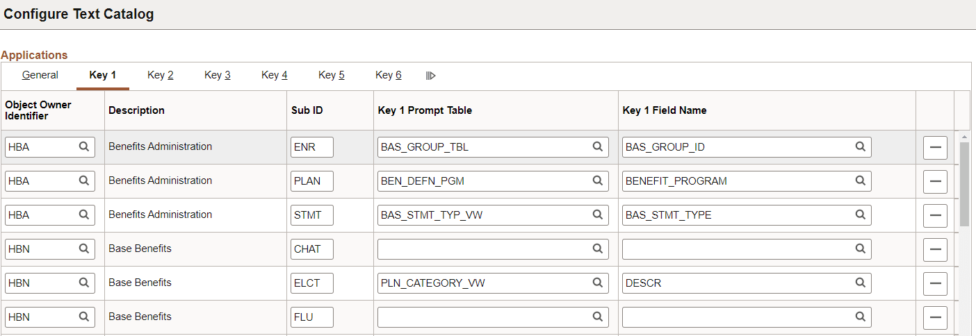 Configure Text Catalog page: Key 1 tab Configure Text Catalog page: Key 1 tab