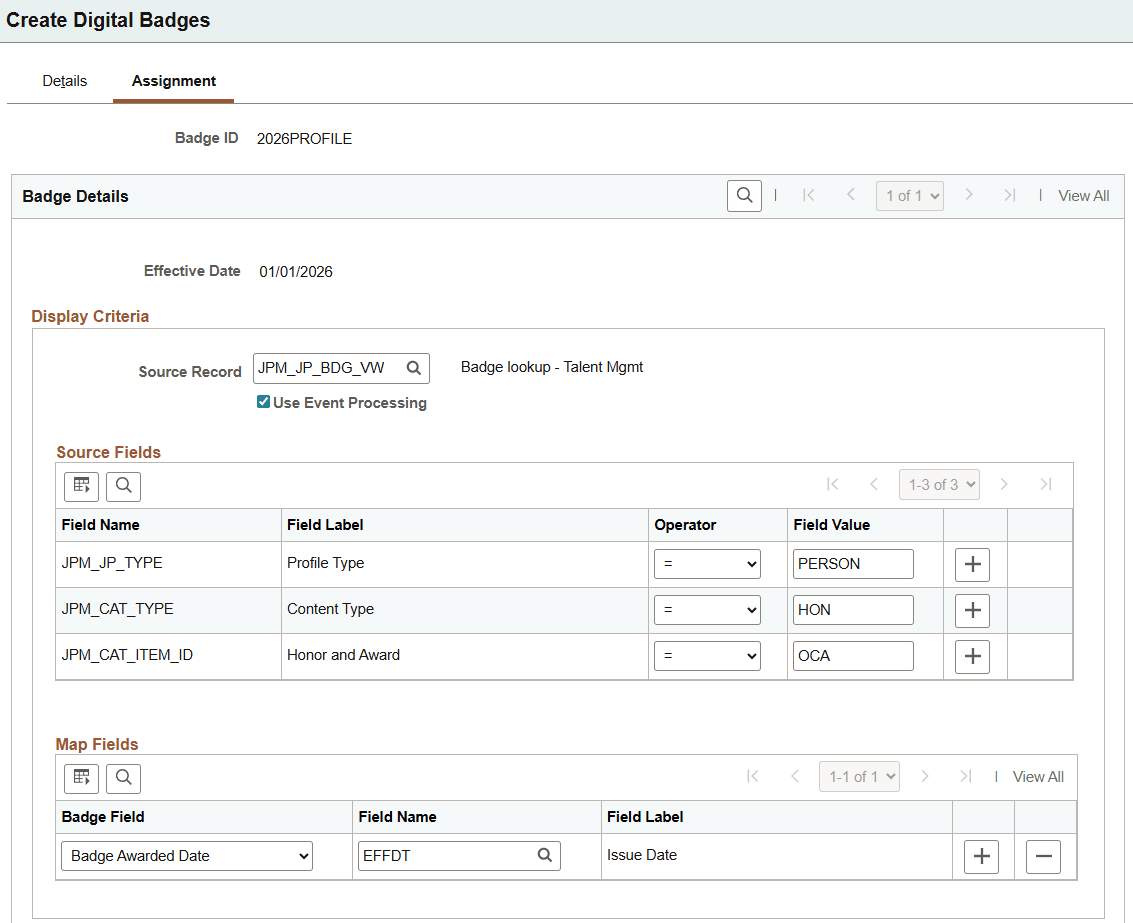 Create Digital Badges - Assignment page displaying the Display Criteria section Create Digital Badges - Assignment page displaying the Display Criteria section