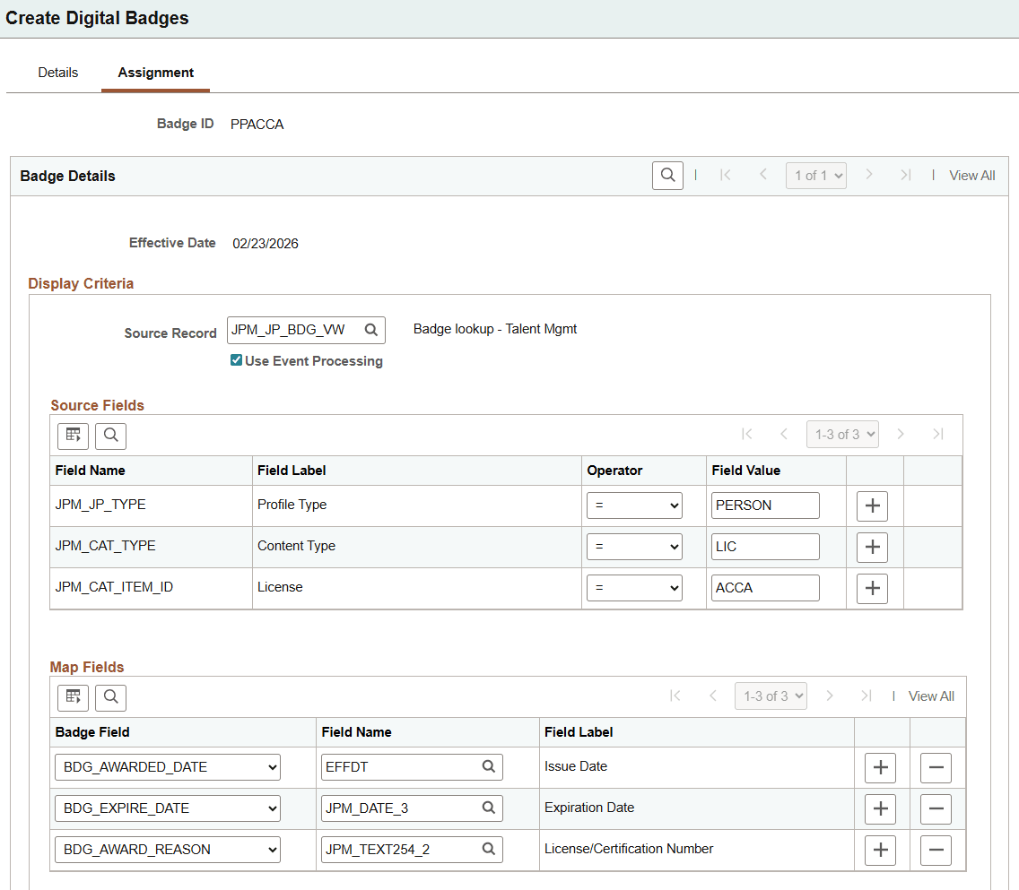 Create Digital Badges - Assignment page displaying event processing setup for badge Create Digital Badges - Assignment page displaying event processing setup for badge