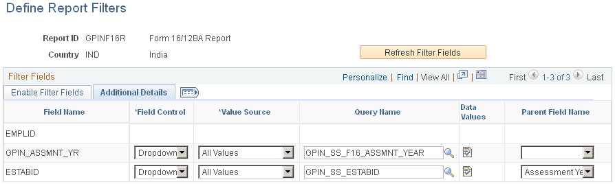 Define Report Filters page (2 of 2)