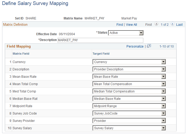 Define Salary Survey Mapping page Define Salary Survey Mapping page