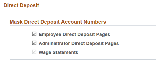 Direct Deposit section of the Payroll for NA Installation page Direct Deposit section of the Payroll for NA Installation page