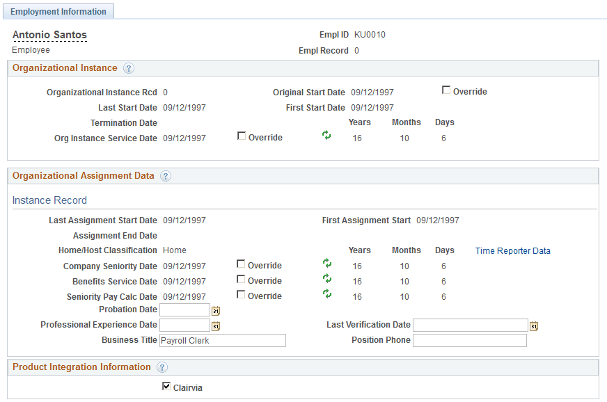 Employment Information page, showing the Product Integration Information group box Employment Information page, showing the Product Integration Information group box
