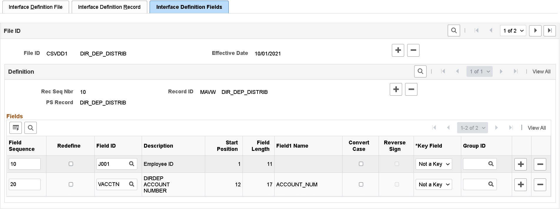 Example of the ACCOUNT_NUM field from DIR_DEP_DISTRIB being used as an Interface Definition field on the Interface Definition Fields page Example of the ACCOUNT_NUM field from DIR_DEP_DISTRIB being used as an Interface Definition field on the Interface Definition Fields page