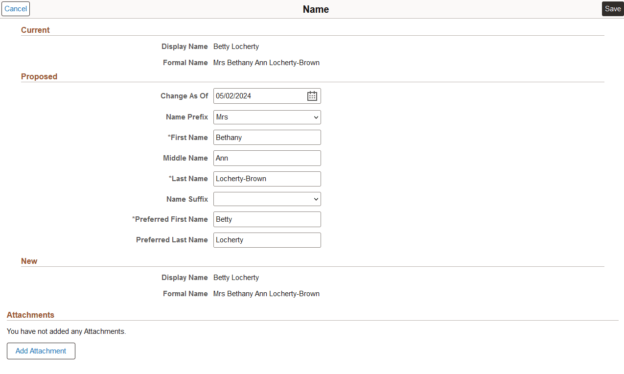 Example of a Name page without groups