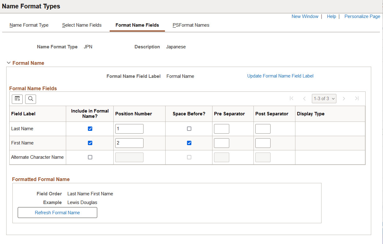 Format Name Fields page (1 of 2)