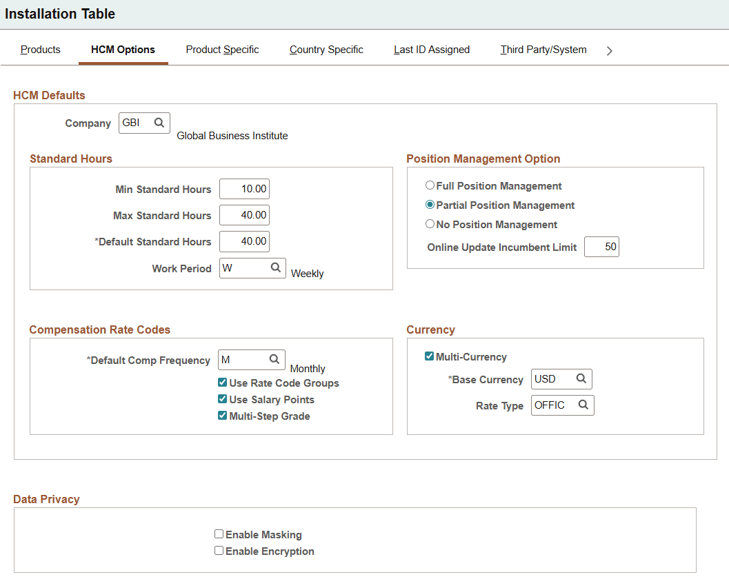 HCM Options page (1 of 3)