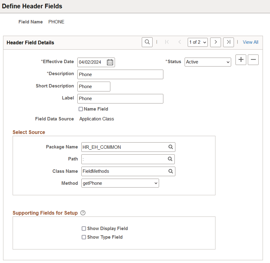 Define Header Fields page