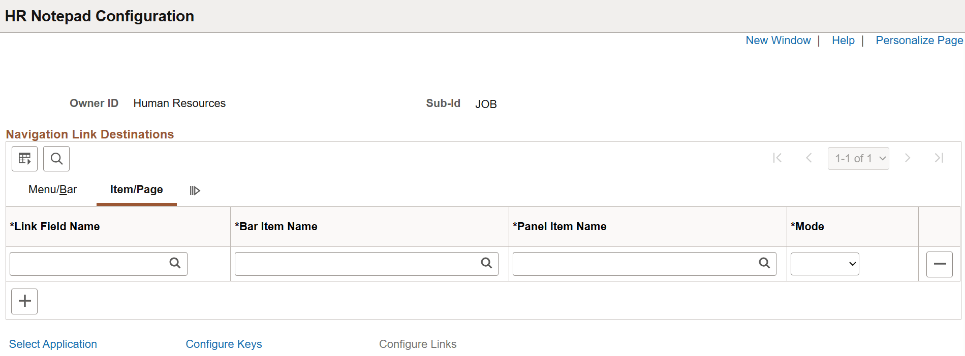 HR Notepad Configuration - Configure Links page: Item/Page tab