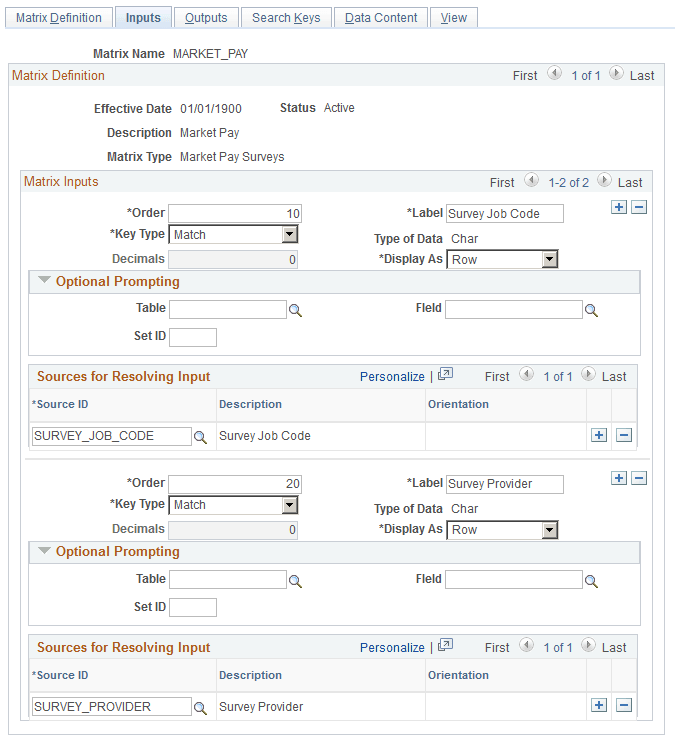 Inputs page