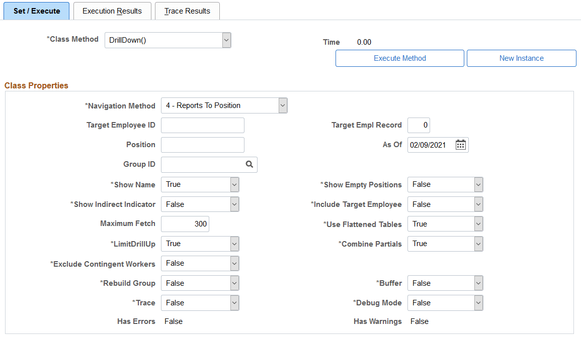 Test Direct Reports Results - Set / Execute page