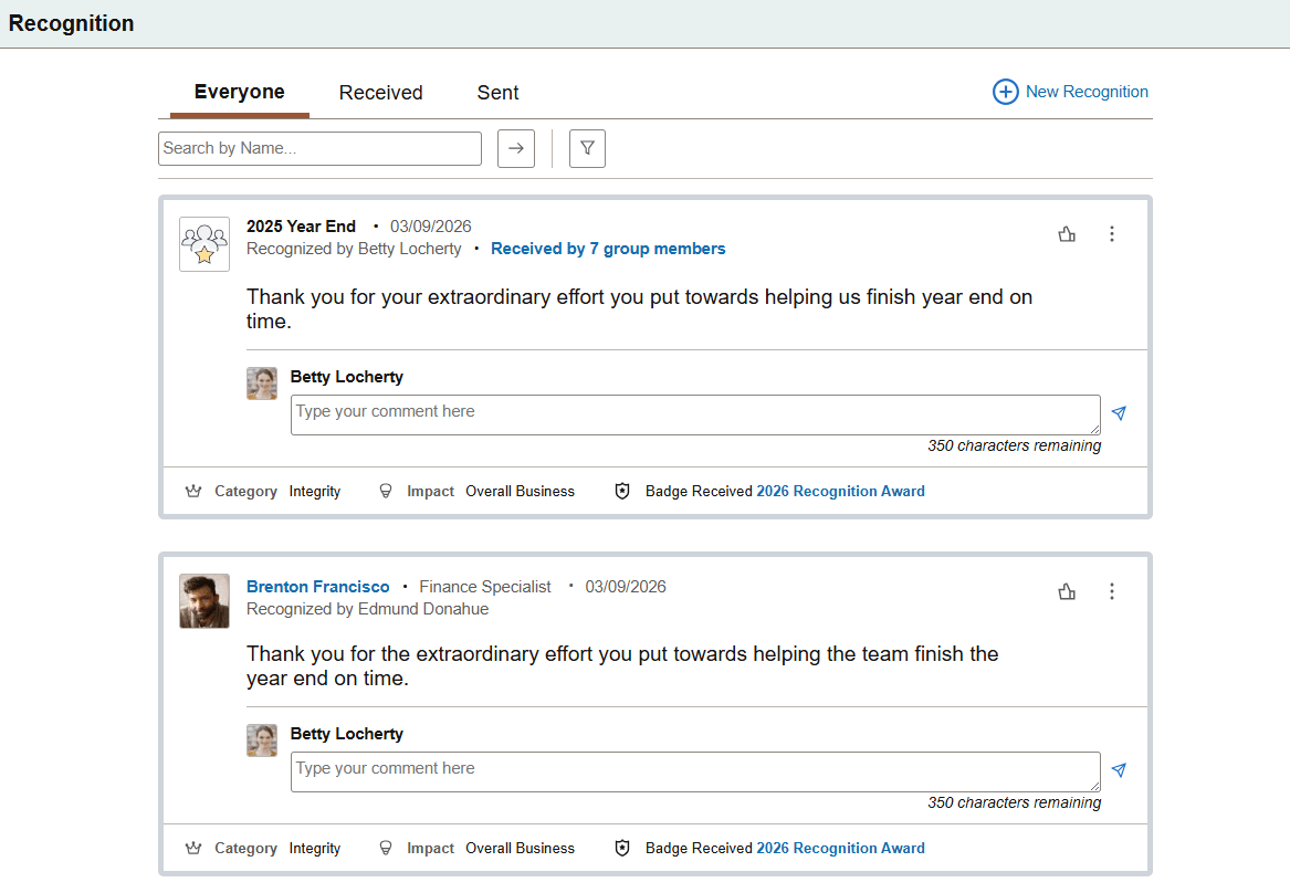 Recognition - <Everyone or My Peers> page Recognition - <Everyone or My Peers> page