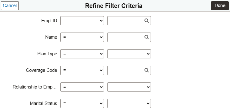 Refine Filter Criteria page Refine Filter Criteria page
