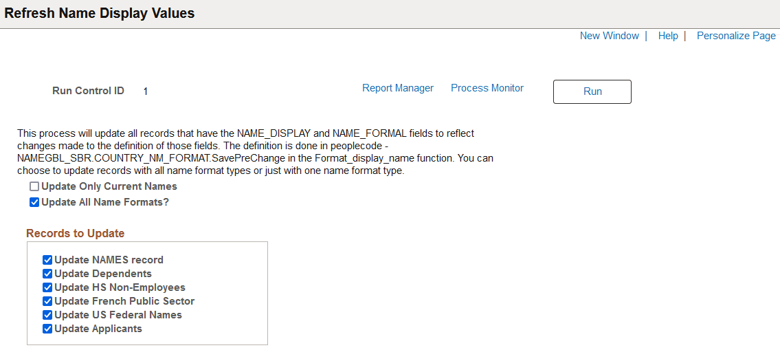 Refresh Name Display Values page Refresh Name Display Values page