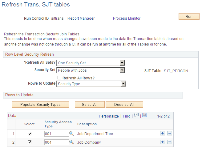 Refresh Trans. SJT tables page Refresh Trans. SJT tables page