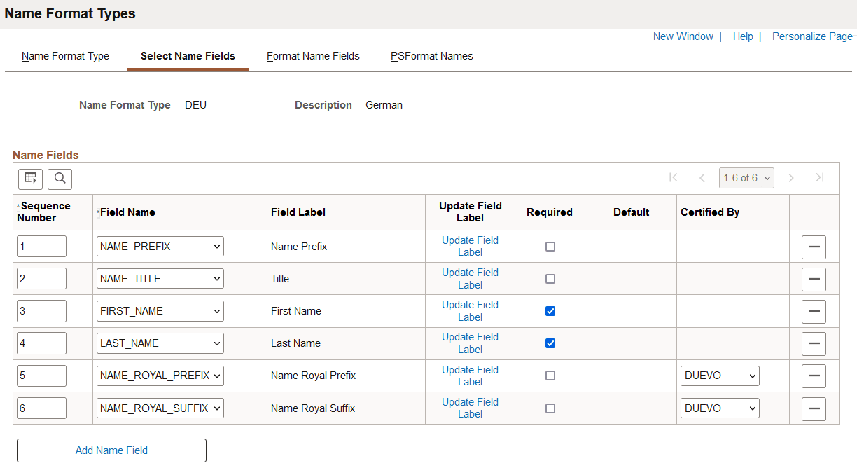 Select Name Fields Page when Use Format and Display Name Groups is not selected