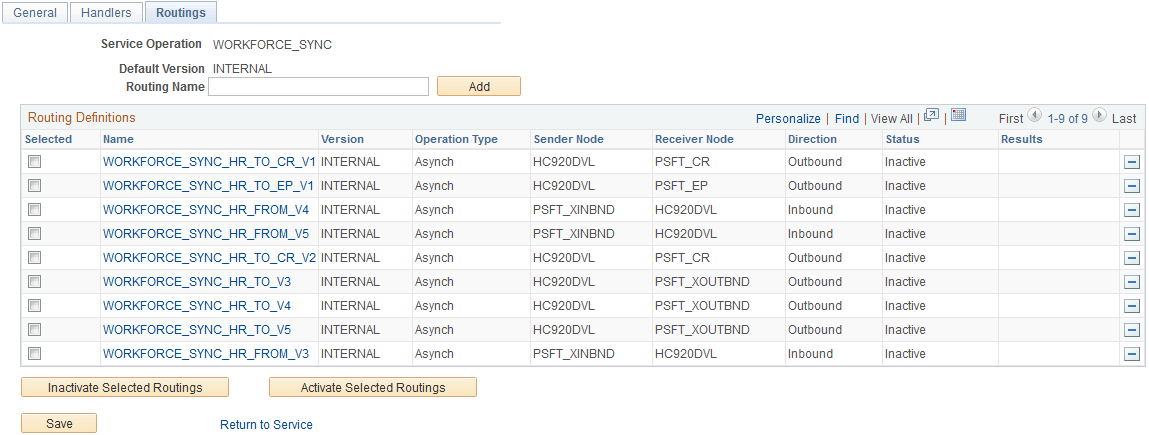 Service Operations - Routings page Service Operations - Routings page