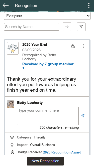 (Smartphone) Recognition - <Everyone or My Peers> page (Smartphone) Recognition - <Everyone or My Peers> page