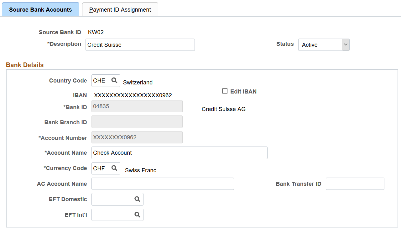 Source Bank Accounts page Source Bank Accounts page