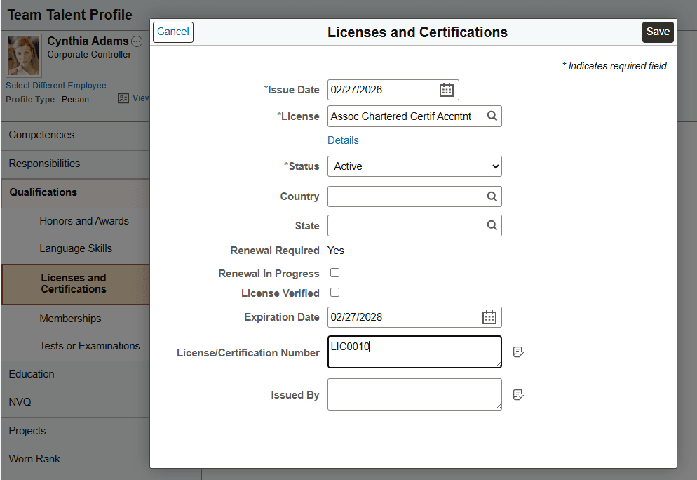 Adding or updating a license on the Licenses and Certification page Adding or updating a license on the Licenses and Certification page
