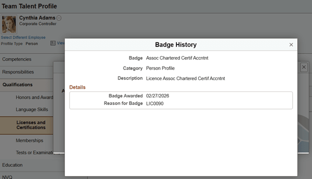 Badge History page showing updated license number displayed as reason for badge award Badge History page showing updated license number displayed as reason for badge award