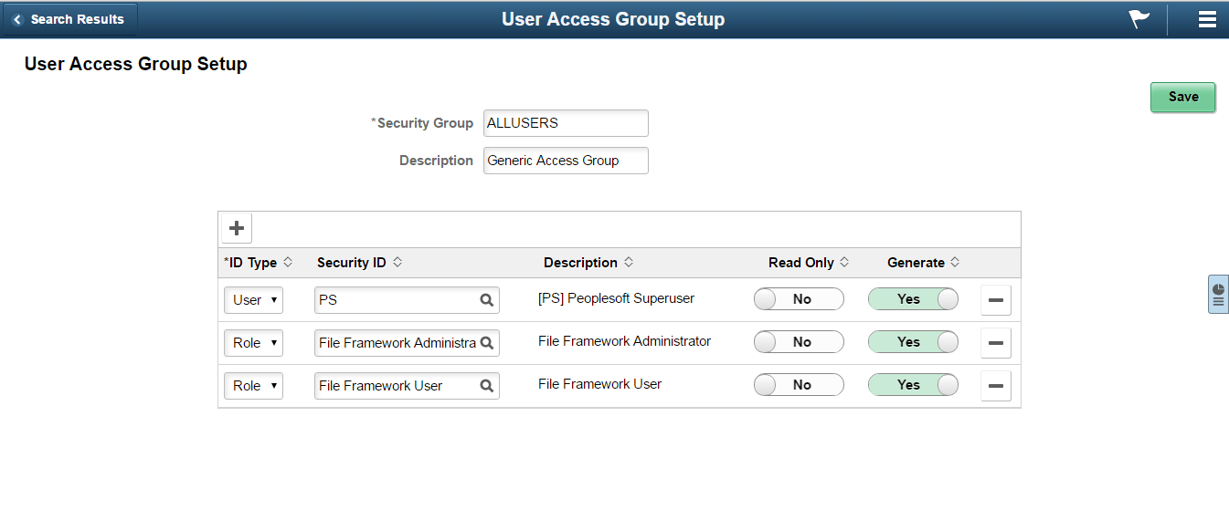 User Access Group Setup page User Access Group Setup page