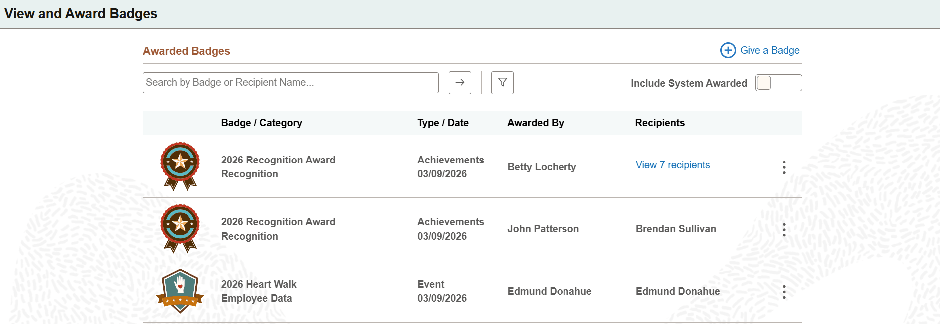 View and Award Badges page