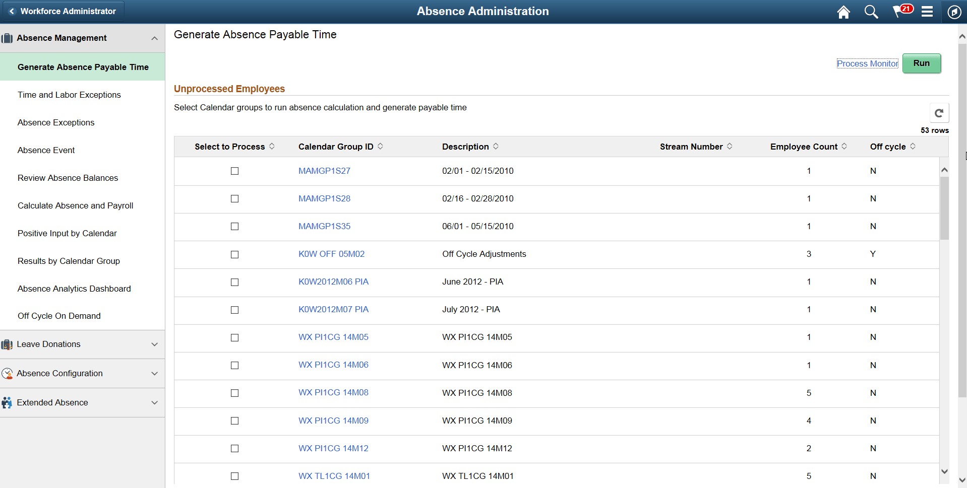 Absence Administration application start page Absence Administration application start page