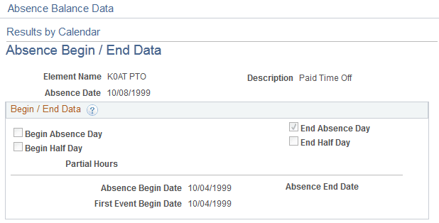 Absence Begin/End Data page Absence Begin/End Data page