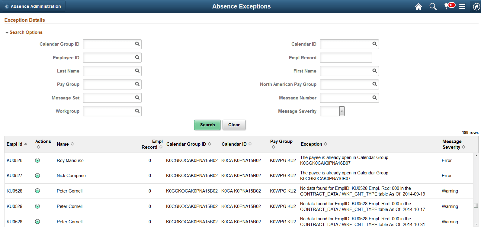 Absence Exceptions Page Absence Exceptions Page