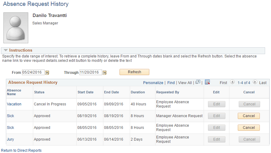 Absence Request History page Absence Request History page