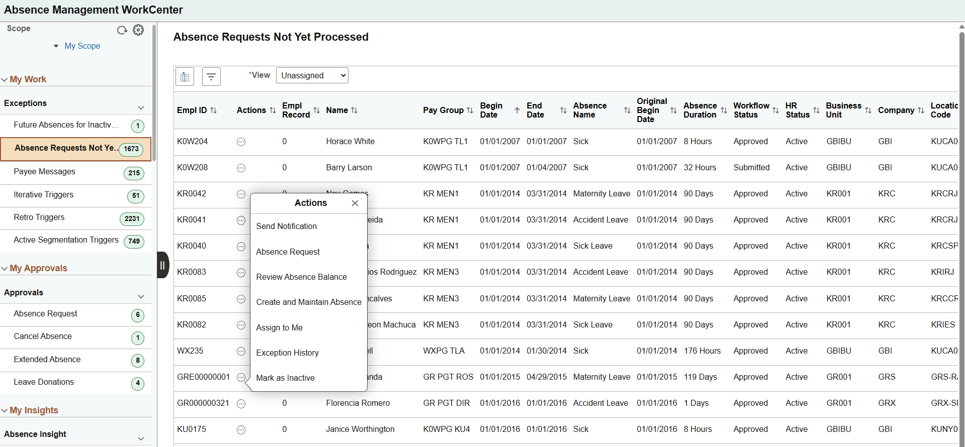 Absence Requests Not Yet Processed page with Work Management enabled