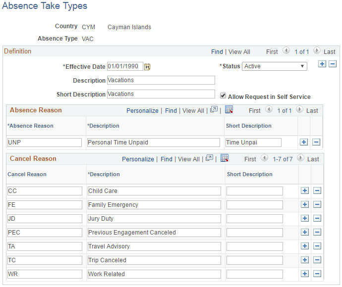 Absence Take Types page Absence Take Types page