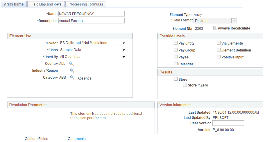 Array Name page
