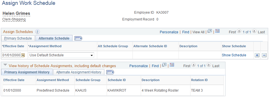Assign Work Schedule page: Alternate Schedule tab Assign Work Schedule page: Alternate Schedule tab
