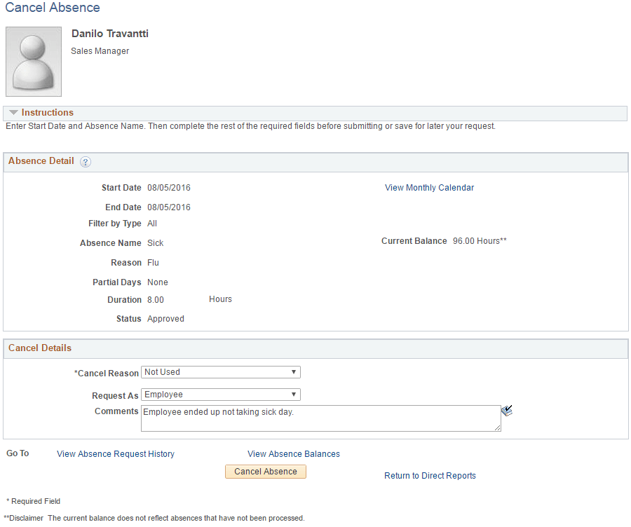 Cancel Absence page