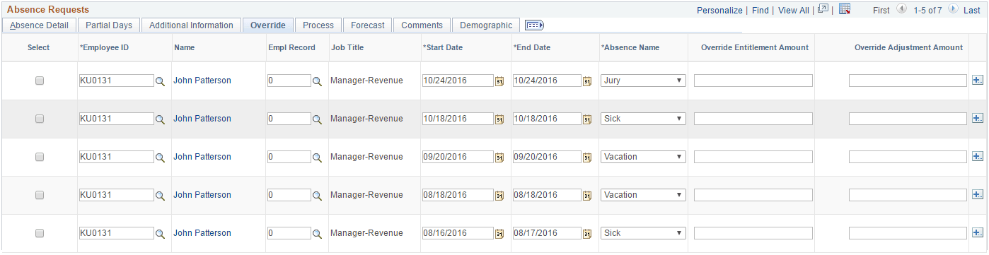 Create and Maintain Absence Requests page: Override tab Create and Maintain Absence Requests page: Override tab