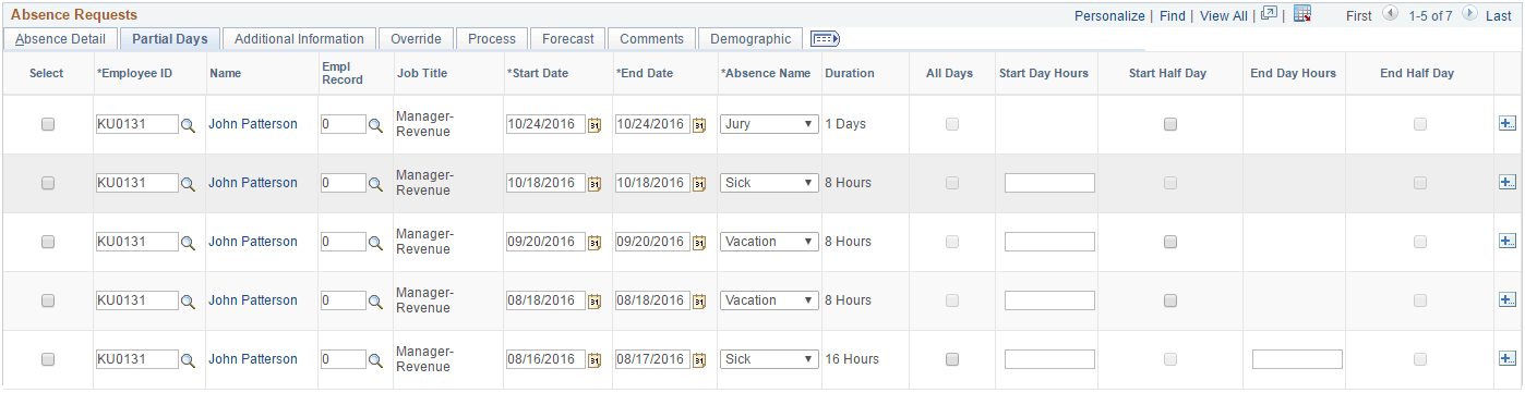 Create and Maintain Absence Requests page: Partial Days tab Create and Maintain Absence Requests page: Partial Days tab