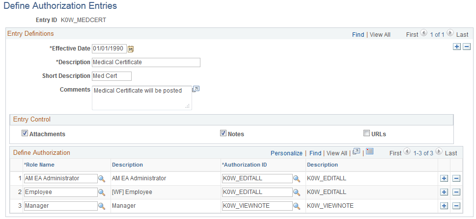 Define Authorization Entries page - displaying the K0W_MEDCERT Authorization ID associated with two roles Define Authorization Entries page - displaying the K0W_MEDCERT Authorization ID associated with two roles