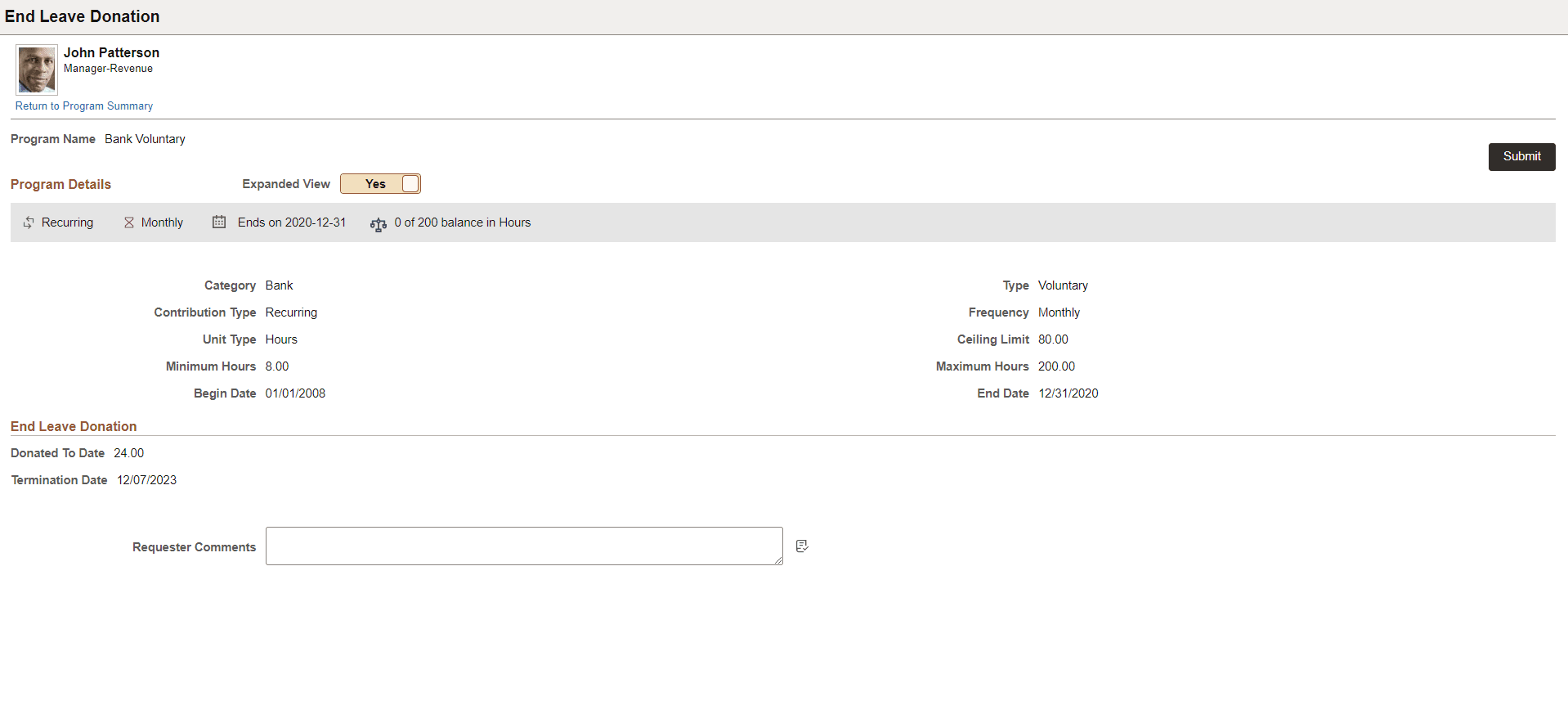 End Leave Donation page showing details of selected program End Leave Donation page showing details of selected program