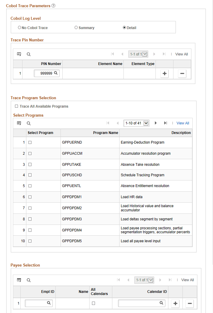 Example of the Trace Pin Number, Trace Program Selection, and Payee Selection group boxes Example of the Trace Pin Number, Trace Program Selection, and Payee Selection group boxes