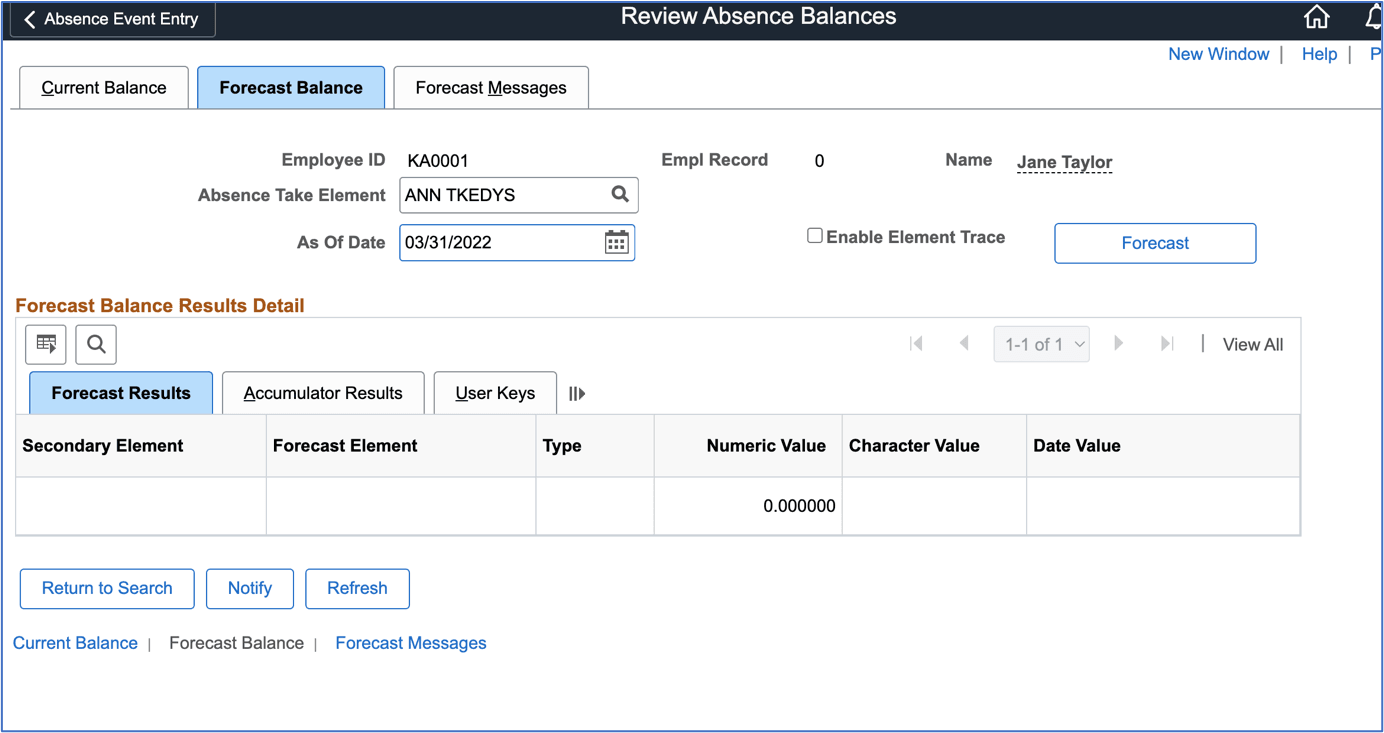 Forecast Balances page Forecast Balances page