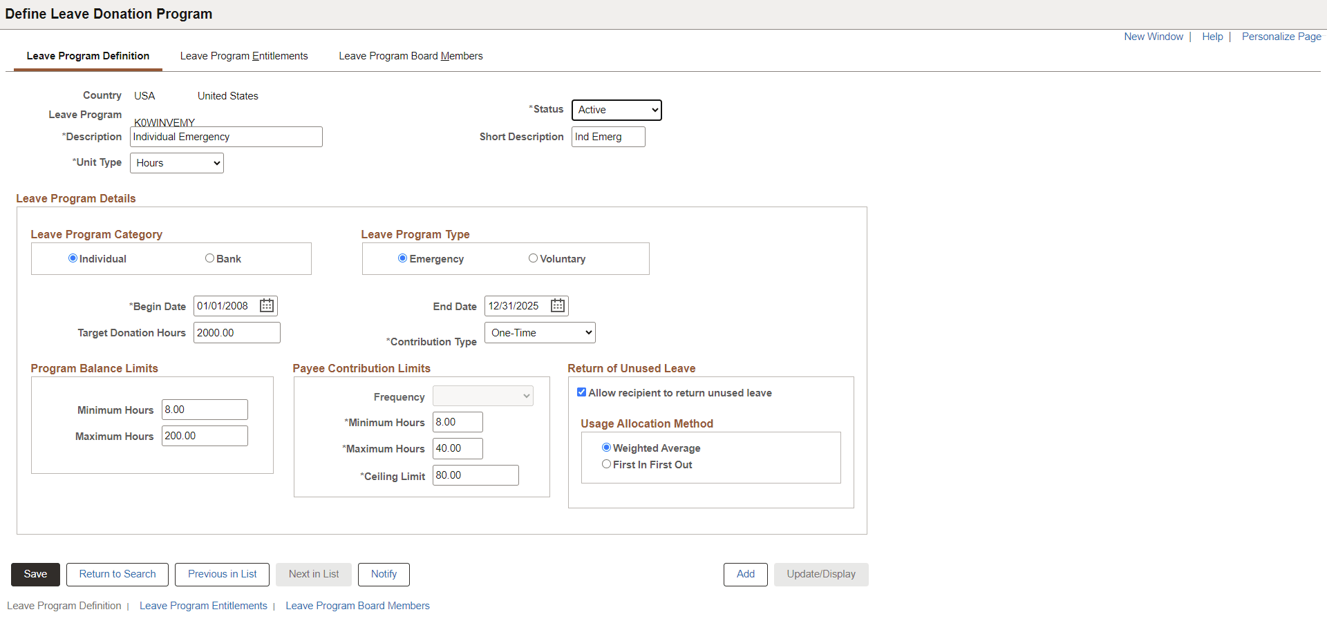 Leave Program Definition page Leave Program Definition page