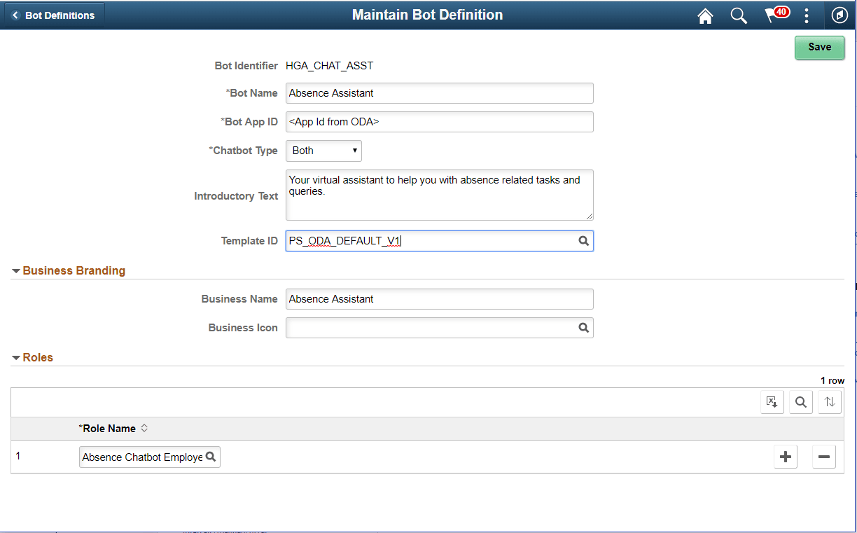 Maintain Bot definition page with definition